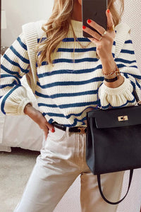 Long Lantern Sleeve Striped Ribbed Knit Pullover Top