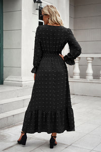 Women Long Sleeve V Neck Swiss Dot Boho Maxi Dress