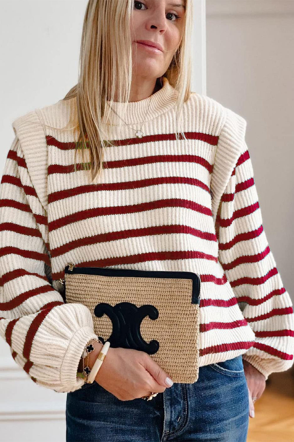 Long Lantern Sleeve Striped Ribbed Knit Pullover Top