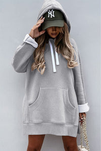 Long Sleeve Split Hem Hoodie Dress with Kangaroo Pocket