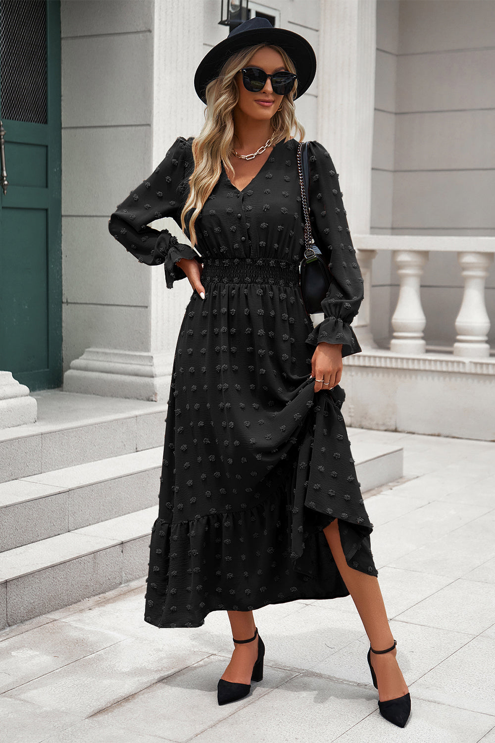 Women Long Sleeve V Neck Swiss Dot Boho Maxi Dress