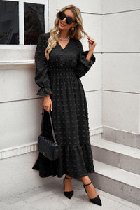 Women Long Sleeve V Neck Swiss Dot Boho Maxi Dress