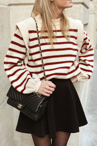 Long Lantern Sleeve Striped Ribbed Knit Pullover Top