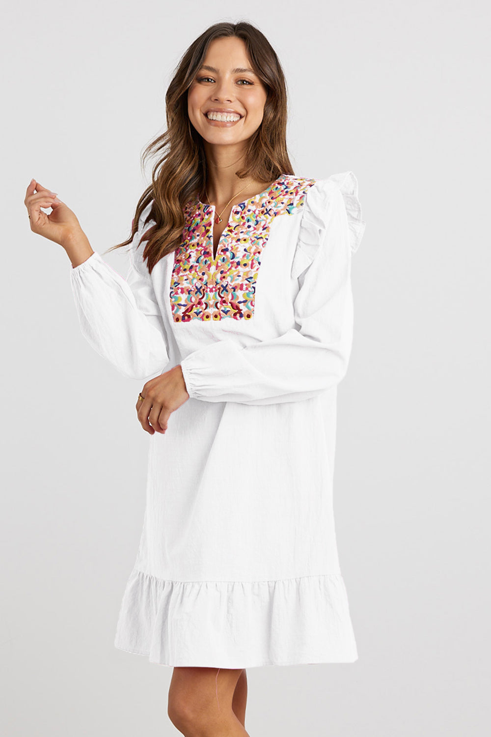 Cute Ruffle Shift Mexican Floral Embroidery Mini Dress