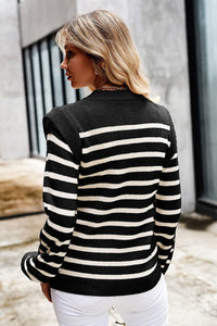 Long Lantern Sleeve Striped Ribbed Knit Pullover Top