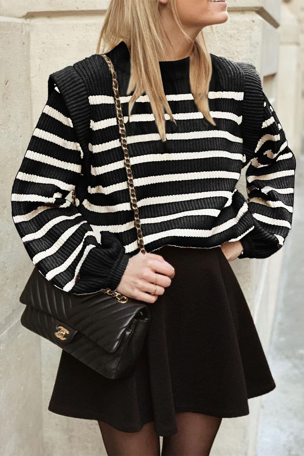 Long Lantern Sleeve Striped Ribbed Knit Pullover Top