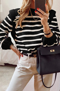 Long Lantern Sleeve Striped Ribbed Knit Pullover Top