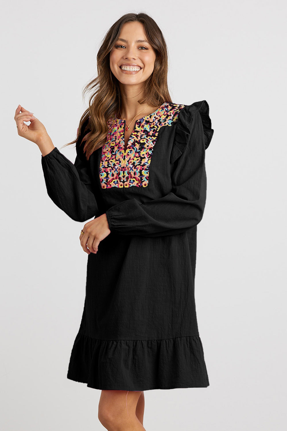 Cute Ruffle Shift Mexican Floral Embroidery Mini Dress