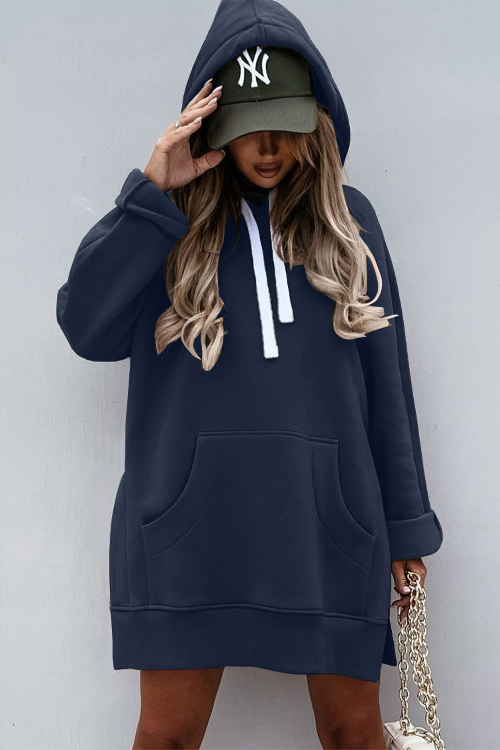 Long Sleeve Split Hem Hoodie Dress with Kangaroo Pocket