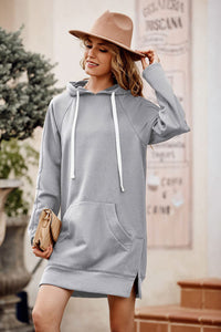 Long Sleeve Split Hem Hoodie Dress with Kangaroo Pocket