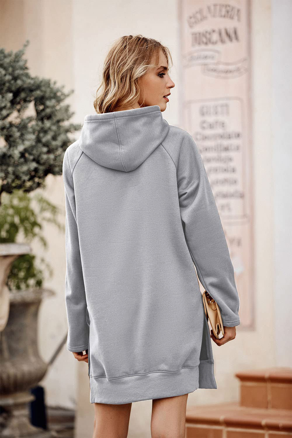 Long Sleeve Split Hem Hoodie Dress with Kangaroo Pocket