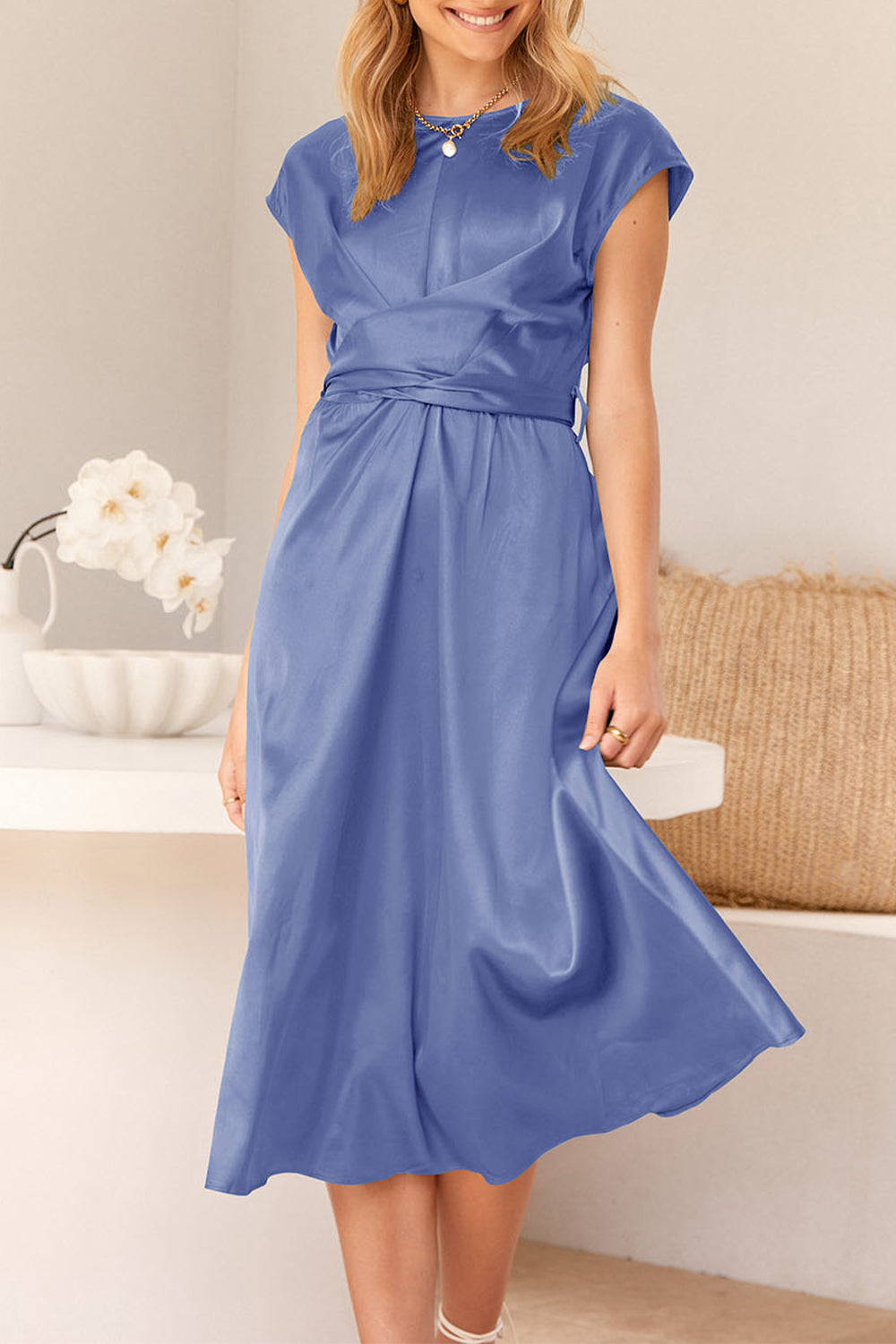 Cap Sleeve Tie Waist Elegant A-Line Midi Dresses