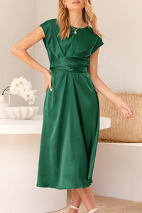 Cap Sleeve Tie Waist Elegant A-Line Midi Dresses