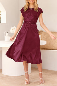 Cap Sleeve Tie Waist Elegant A-Line Midi Dresses