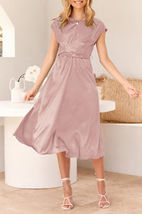 Cap Sleeve Tie Waist Elegant A-Line Midi Dresses