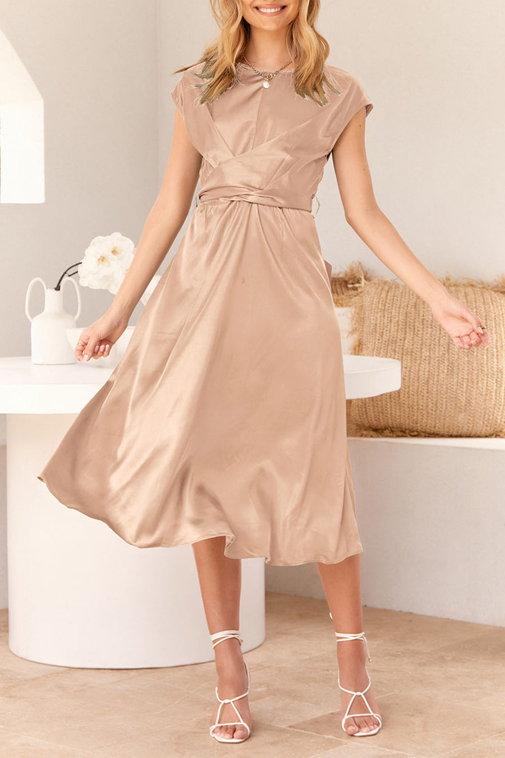 Cap Sleeve Tie Waist Elegant A-Line Midi Dresses