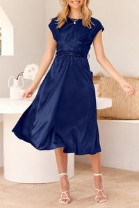 Cap Sleeve Tie Waist Elegant A-Line Midi Dresses