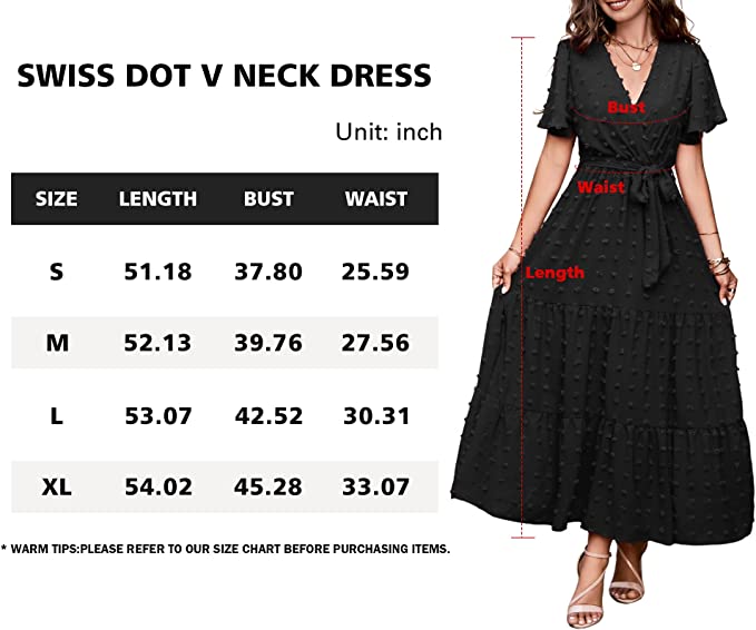 Wrap V Neck Flutter Tie Waist Boho Swiss Dot Maxi Dresses