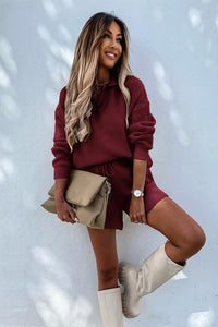 V Neck Lapel Knit Long Sleeve Sweater and Short Pant Set