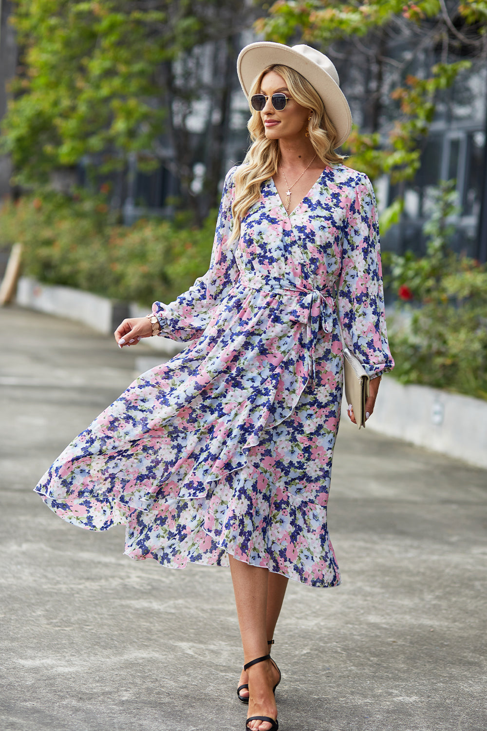 Women's V Neck Ruffle Belted A-Line Flowy Dresses