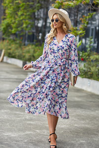 Women's V Neck Ruffle Belted A-Line Flowy Dresses