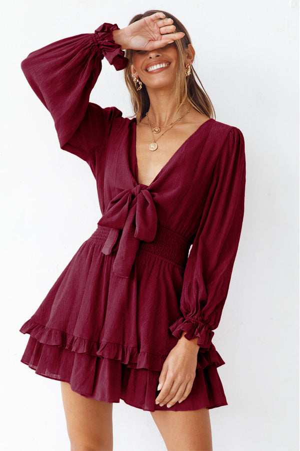 V Neck Knot Front Tiered Ruffle Swing Mini Dresses