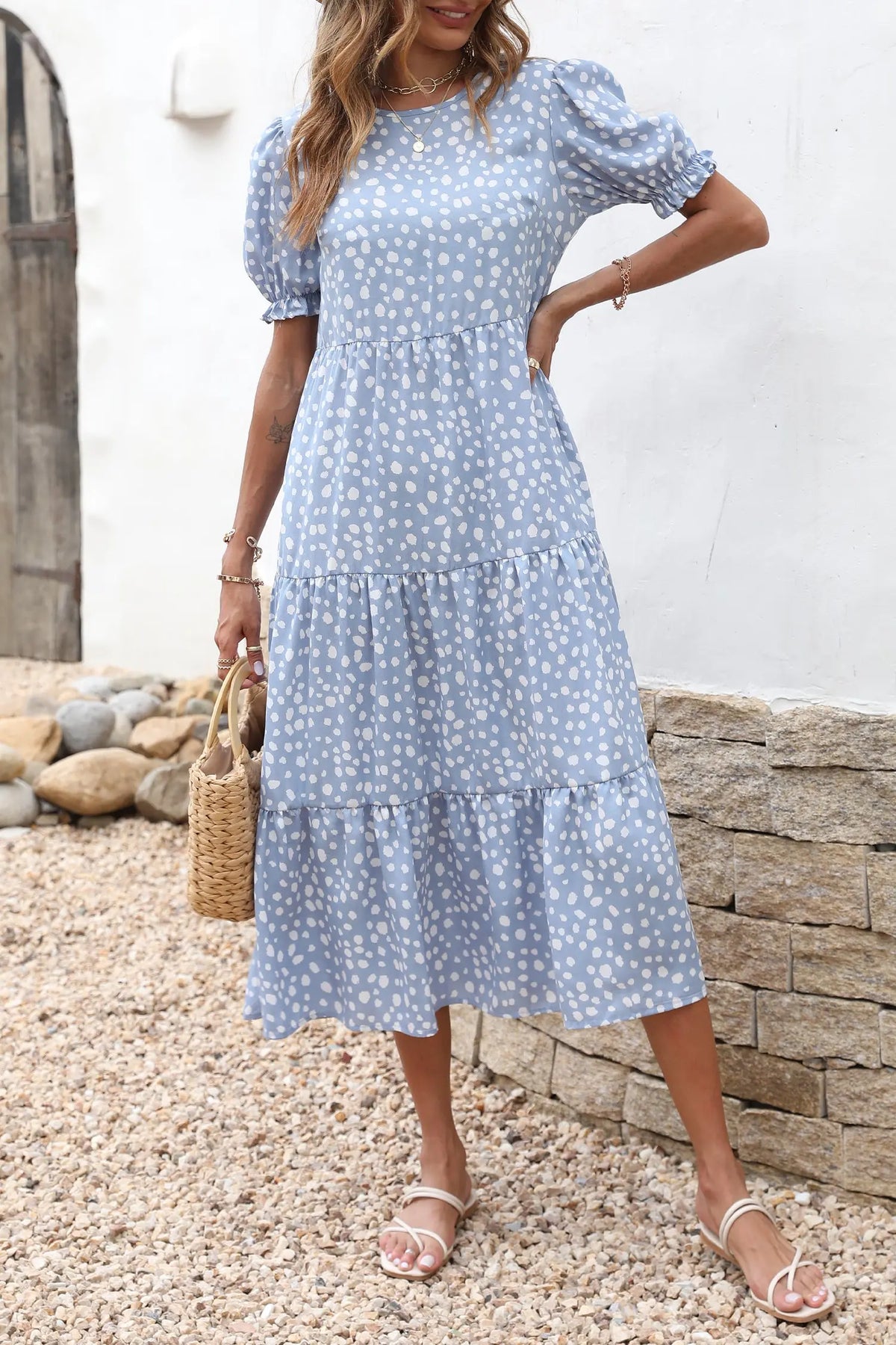 Boho Dress Floral Print Ruffle Puff Sleeve High Waist Midi Beach Dresses PRETTYGARDEN