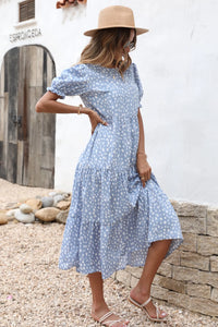 Boho Dress Floral Print Ruffle Puff Sleeve High Waist Midi Beach Dresses PRETTYGARDEN