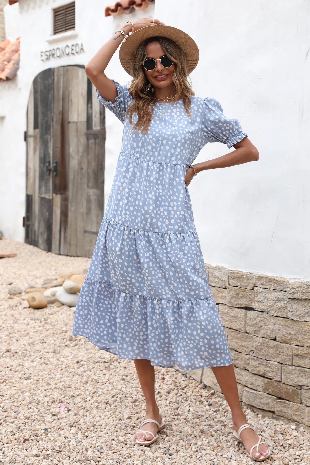 Boho Dress Floral Print Ruffle Puff Sleeve High Waist Midi Beach Dresses PRETTYGARDEN