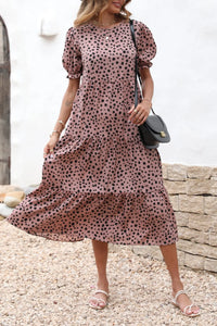 Boho Dress Floral Print Ruffle Puff Sleeve High Waist Midi Beach Dresses PRETTYGARDEN