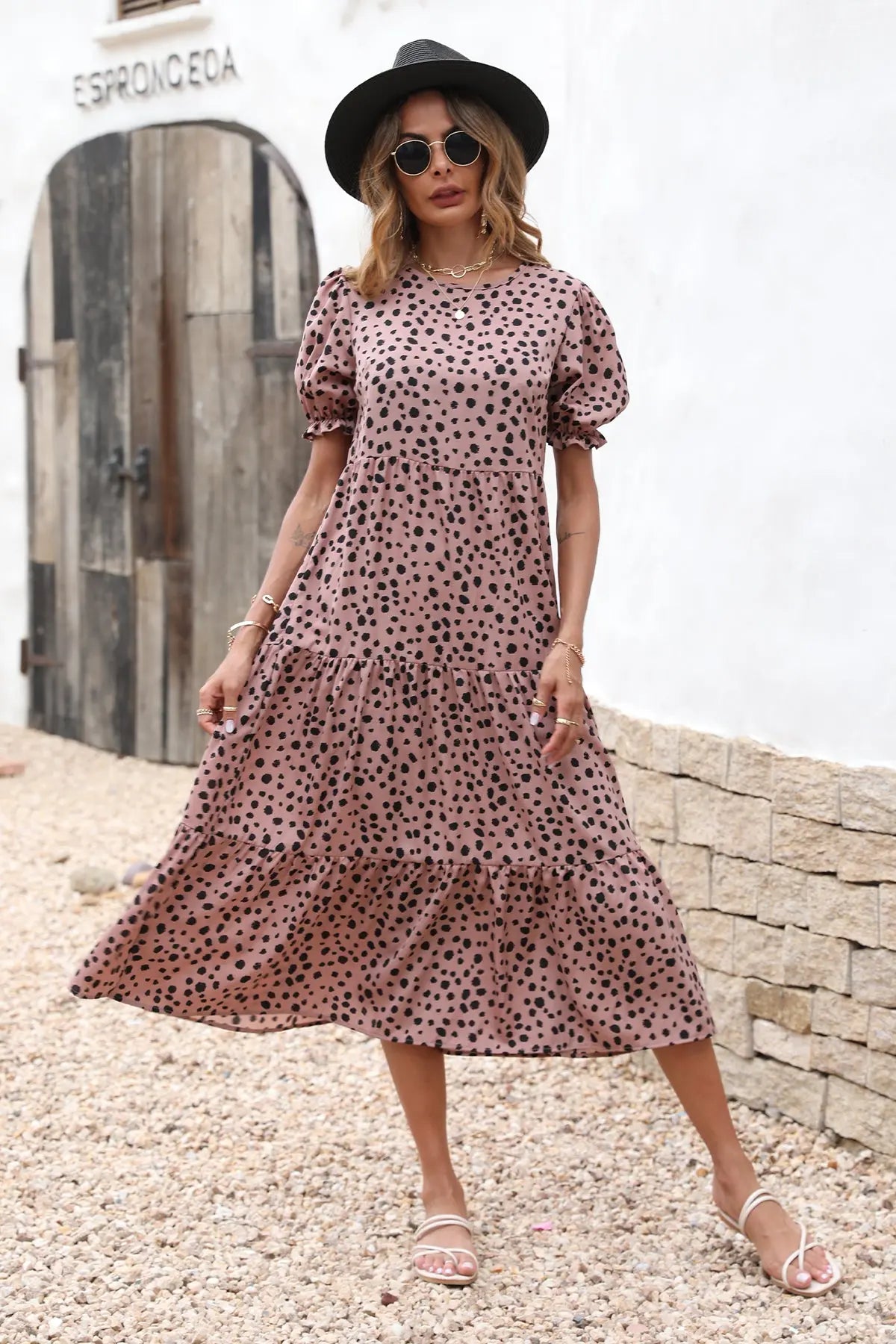 Boho Dress Floral Print Ruffle Puff Sleeve High Waist Midi Beach Dresses PRETTYGARDEN