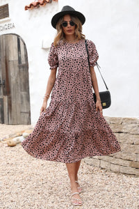 Boho Dress Floral Print Ruffle Puff Sleeve High Waist Midi Beach Dresses PRETTYGARDEN