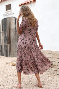 Boho Dress Floral Print Ruffle Puff Sleeve High Waist Midi Beach Dresses PRETTYGARDEN