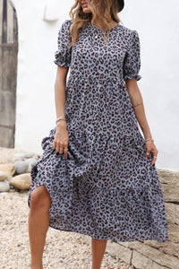 Boho Dress Floral Print Ruffle Puff Sleeve High Waist Midi Beach Dresses PRETTYGARDEN