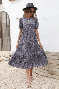 Boho Dress Floral Print Ruffle Puff Sleeve High Waist Midi Beach Dresses PRETTYGARDEN