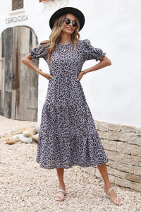 Boho Dress Floral Print Ruffle Puff Sleeve High Waist Midi Beach Dresses PRETTYGARDEN