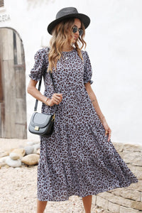 Boho Dress Floral Print Ruffle Puff Sleeve High Waist Midi Beach Dresses PRETTYGARDEN