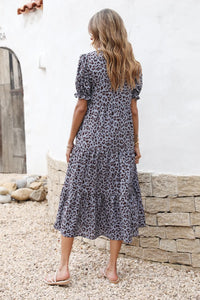 Boho Dress Floral Print Ruffle Puff Sleeve High Waist Midi Beach Dresses PRETTYGARDEN