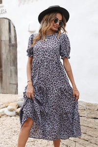 Boho Dress Floral Print Ruffle Puff Sleeve High Waist Midi Beach Dresses PRETTYGARDEN