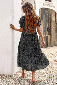 Boho Dress Floral Print Ruffle Puff Sleeve High Waist Midi Beach Dresses PRETTYGARDEN