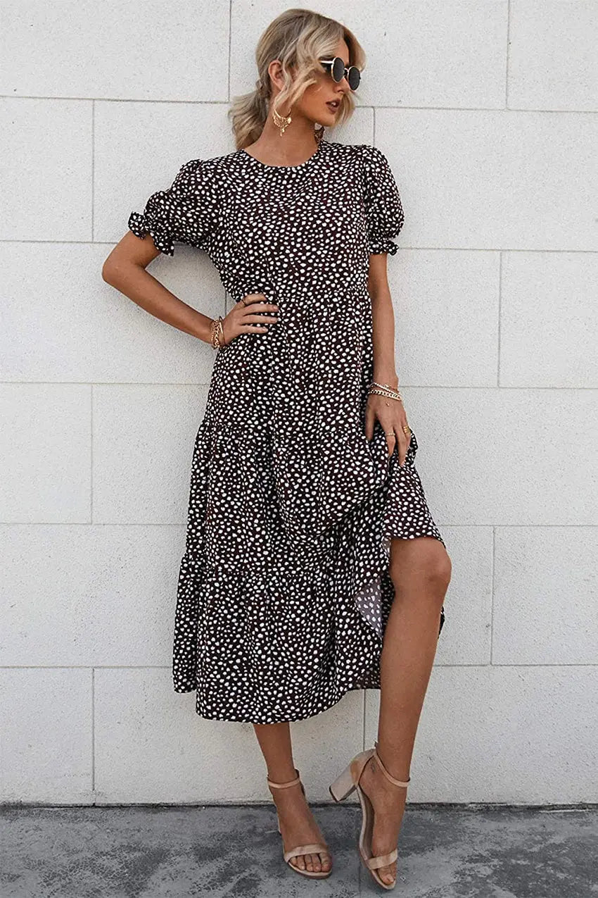 Boho Dress Floral Print Ruffle Puff Sleeve High Waist Midi Beach Dresses PRETTYGARDEN