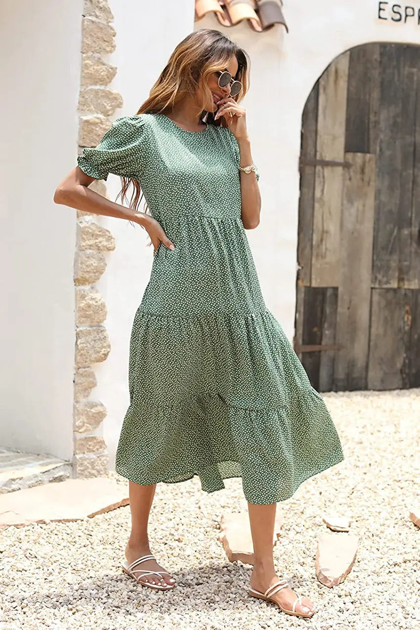 Boho Dress Floral Print Ruffle Puff Sleeve High Waist Midi Beach Dresses PRETTYGARDEN