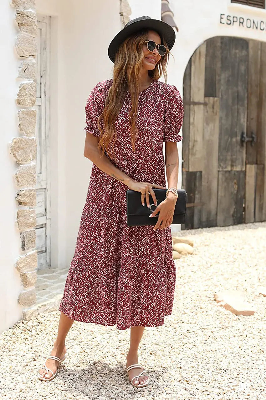 Boho Dress Floral Print Ruffle Puff Sleeve High Waist Midi Beach Dresses PRETTYGARDEN