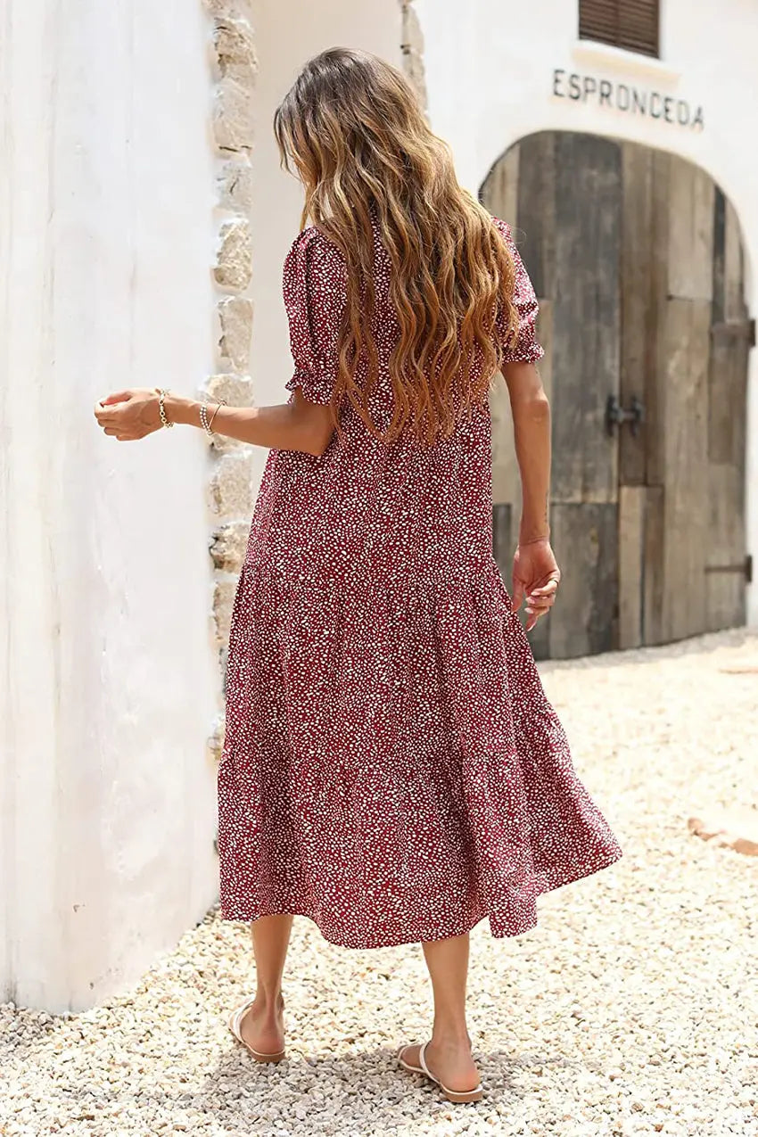 Boho Dress Floral Print Ruffle Puff Sleeve High Waist Midi Beach Dresses PRETTYGARDEN