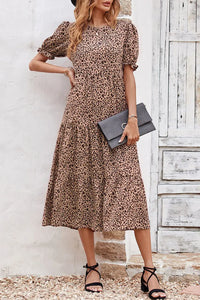 Boho Dress Floral Print Ruffle Puff Sleeve High Waist Midi Beach Dresses PRETTYGARDEN