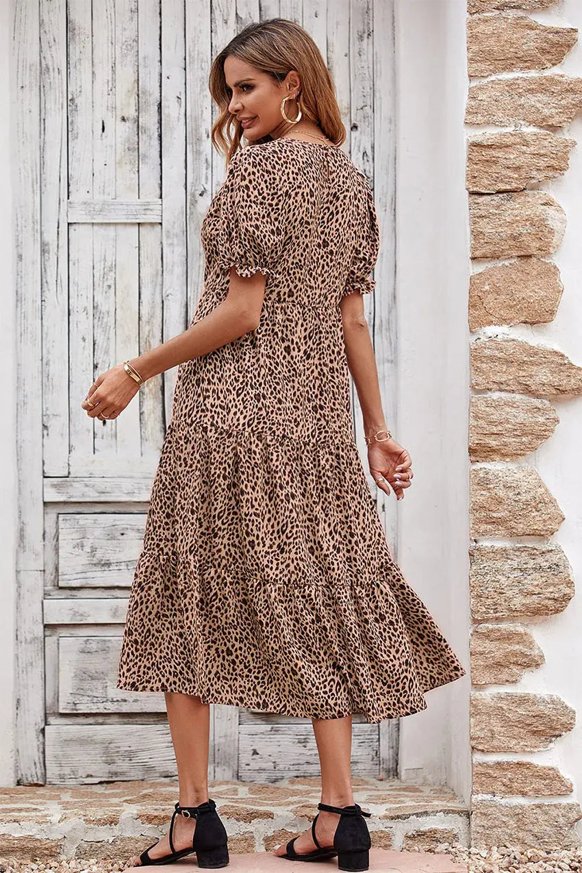 Boho Dress Floral Print Ruffle Puff Sleeve High Waist Midi Beach Dresses PRETTYGARDEN