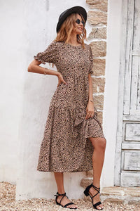 Boho Dress Floral Print Ruffle Puff Sleeve High Waist Midi Beach Dresses PRETTYGARDEN