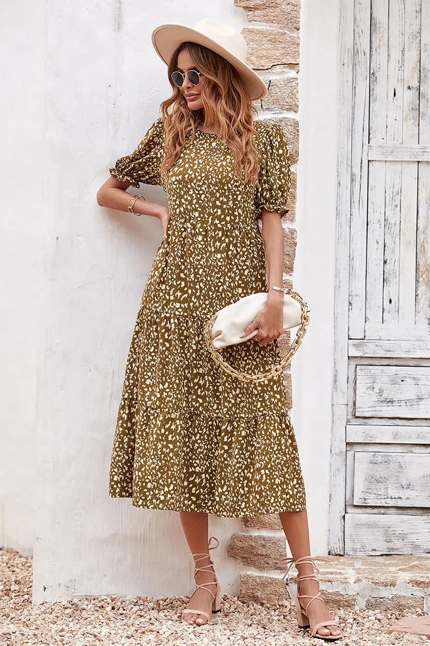 Boho Dress Floral Print Ruffle Puff Sleeve High Waist Midi Beach Dresses PRETTYGARDEN