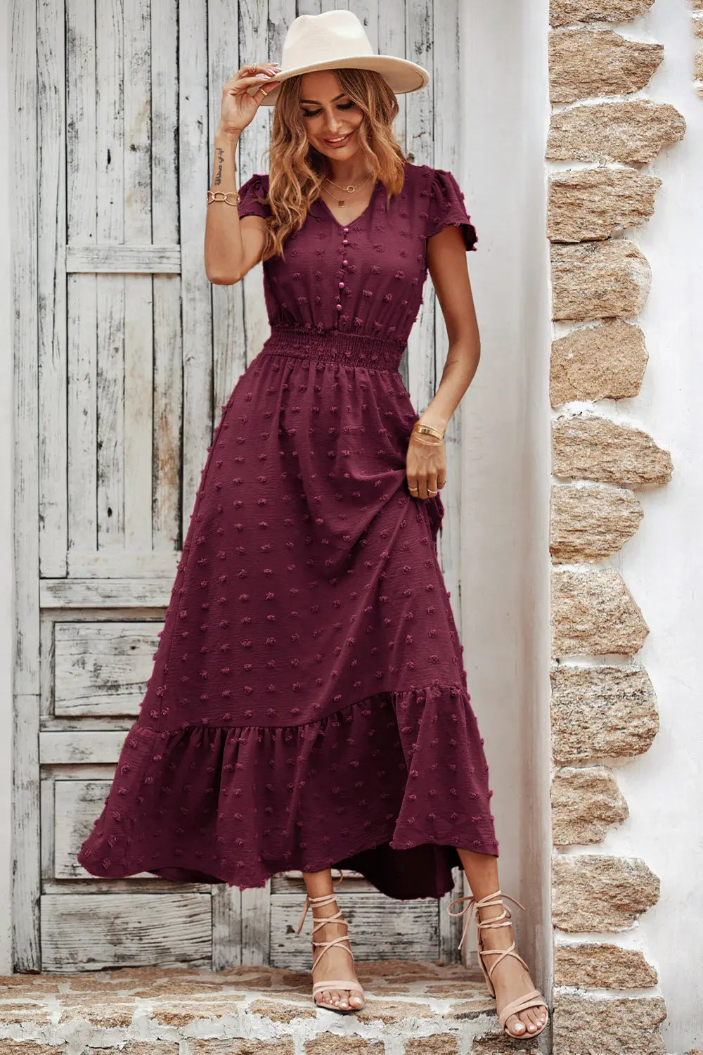 Boho Dress Short Sleeve V Neck Swiss Dot Ruffle Tiered Maxi Dress Smocked Cocktail Dress PRETTYGARDEN