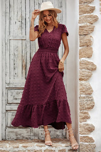 Boho Dress Short Sleeve V Neck Swiss Dot Ruffle Tiered Maxi Dress Smocked Cocktail Dress PRETTYGARDEN